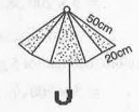 An umbrella is made by stitching 10 triangular pieces of cloth of two different colours (See Fig.  )  each piece measuring 20 cm, 50 cm and 50 cm. How much cloth of each colour is required for the umbrella ?