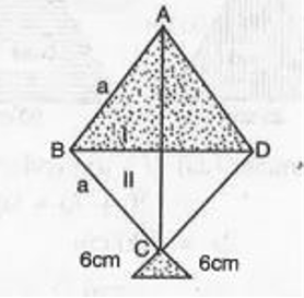 A kite is in the shape of a square with a diagonal 32 cm and an isosceles triangle of base 8 cm and sides 6 cm each is to be
made of three different shades as shown in Fig.   How much paper of each side has been used in it ?