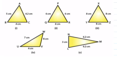 In the figure given below,there are five triangles.The length (in cm) of each side has been idicated along the side.State for each triangle whether it is scalene,isosceles or equilateral.