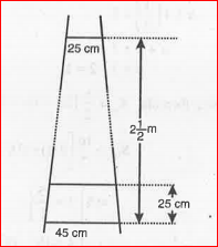 A ladder has rungs 25 cm apart (see fig.) The rungs decrease uniformly in length from 45 cm at the bottom to 25 cm at the top.If the top and bottom rungs are 2  1/2  m  apart, what is the length of the wood required for the rungs  ?   .