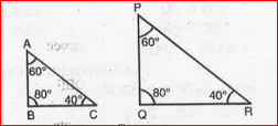 State which pairs of triangles in Fig. are similar. Write the similarity criterion used by you for answering the question and also write the pairs of similar triangles in the symbolic form :