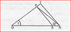 In fig., (QR)/(QS)=(QT)/(PR) and angle1=angle2 . Show that trianglePQS~triangleTQR .    .
