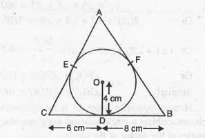 A triangle ABC is drawn to circumscribe a circle of radius 4 cm such that the segments BD and DC into which BC is divided by the point of contact Dare of lengths 8 cm and 6 cm respectively (see Fig). Find the sides AB and AC.