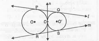 In the figure, two circles touch each other externally at C. Prove that the common tangent at C bisects the other two common tangents.
