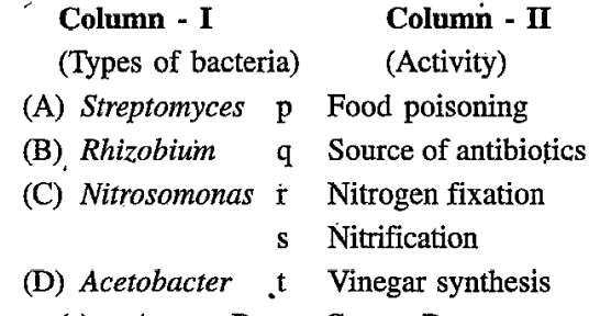 Match the types of bacteria listed under column I with their activity given in column II. Choose the answer which given the correct combination of alphabets of the two columns: