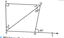 In fig. PQbotPS,PQ||SR, angleSQR=28^@ and angleQRT=65^@ then find the values of x and y