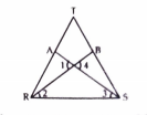 In the fig. RT=TS, angle1=2angle2 and angle4=2angle3. Prove that triangleRBTequivtriangleSAT