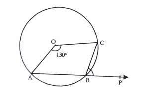 O is the centre of the circle and arc ABC subtends an angle of 130^@ at the centre. If AB is extended to P, find anglePBC