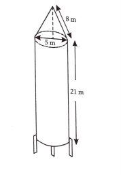 A rocket is in the form of a circular cylinder closed at the lower end with a cone of the same radius attached to the top. The cylinder is of radius 2.5m and height 21m and the cone has the slant height 8m. Calculate the total surface area and the volume of the rocket.