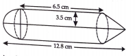 In the Fig., solid consists of a cylindrical section of length 6.5 cm and surmounted by a cone at one end, a hemisphere at the other end. Given that common radius is 3.5 cm and the total height of solid is 12.8 cm find the volume of solid