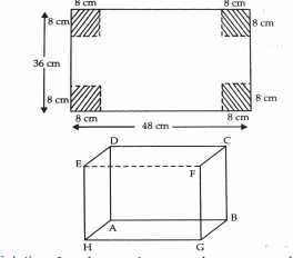 A metallic sheet is of rectangular shape with dimensions 48cmxx36cm. An open box is made by cutting off squares of side 8 cm from each and folding up the flaps. Find the volume of the box.