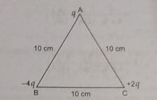 Calculate the work done to dissociate the system of three charges (q=1.6 xx 10^-10C) placed on the vertices of a triangle as shown in the fig