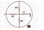 A circular ring having negligible resistance is used to connect four resistors of resistances 6 R, 6R, 6R and R shown in the figure. Find the equivalent resistance between points A and B.