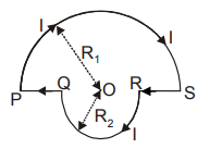 A wire loop is formed by joining two semicircular wires of radii r1 and r2 as shown in the figure . The loop carries a current I, find the magnetic field at the centre O.