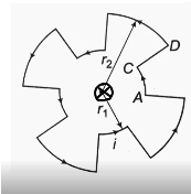 A current of 10 A flow around a closed path in a circuit which is in the horizontal plane as shown in the figure. The circuit consists of eight alternative arcs of radii r(1)=0.8m and r(2)=0.12m. Each subtends the same angle at the centre. Find the magnetic fied produced by this circuit at the centre.