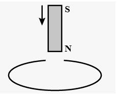 A copper ring is held horizontally and a bar magnetic is dropped through the ring with its length along the axis of the ring (shown in the figure) will the acceleration of the falling magnet be equal to , greater than or less than that due to gravity?