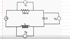 A series LCR circuit is connected to an a.c. source 220 V - 50 Hz as shown in fig. If the reading of the three voltemeters V(1), V(2), V(3) are 65 V, 415 V and 204 V respectively R=100 ohm. Calculate value of C for same L required to produce resonance.