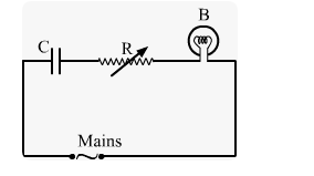 An capacitor C, a variable resistor R and a bulb B are connected in series to the ac mains in circuits as shown in Fig. The bulb glows with some brightness. How will the glow of the bulb change if the resistance R is increased keeping the same capacitance.