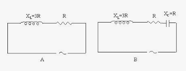 Show in the figure, two electric circuits A and B. Calculate the ratio of power factor of the circuit B to the power factor of the circuit A.