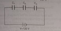 Three capacitors each of capacitance 9 pF are connected in series as shown in the figure. What is the total capacitance of the combination.