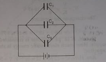 Three capacitors of capacitances 2pF, 3pF and 4pF are connected in parrallel as shown in the figure.    Determine the charge on each capacitor, if the combination is connected to a 100 V supply.