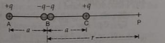 In figure    Shows a charge array known as an electric quadrupole. For a point P on the axis of the quadrupole, obtain the dependence of potential on distance r for r/a >> 1.