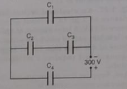 Obtain the equivalent capacitance of the following netweork shown in the figure    For a 300 V supply, determine the charge and voltage across each capacitor. Given that C1 = C4 = 100 pF and C2 = C3 = 200 pF.