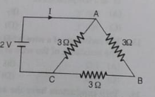A 3 V battery with negligible internal resistance is connected in a circuit as shown in the figure. The current I in the circuit will be