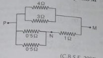 In the circuit shown, the current through the 4Omega resistor is 1 A, when the points P and M are connected to a d.c. source. The potential difference between the points M and N is
