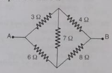 A bridge circuit is shown in the figure. The equivalent resistance between points A and B is