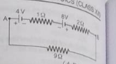 Two batteries of e.m.f. 4V and 8V with internal resistances 1 Omega and 2 Omega are connected in a circuit with a resistance of 9 Omega as shown in figure. The current and potential difference between the points A and B