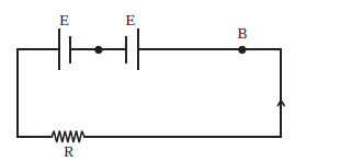 Two cells, having the same emf, are connected in series through an external resistance R. Cells have internal resistance r(1) and r(2) (r(1) gt r(2)) respectively. When the circuit is closed, the potentail difference across the first cell is zero the value of R shown in the figure