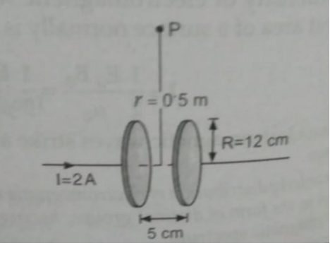 Fig.110 shows a capacitor made of two circular plates each of radius R=12 cm and separated by 5 cm.The capacitor is being charged by an external source (not shown in the figure).Use modified Ampere's circuital law to determine magnetic field at the point P at a distance of 0.5 m from the centre of the plats in the plane midway between them,when the chargingg current is 2A? .