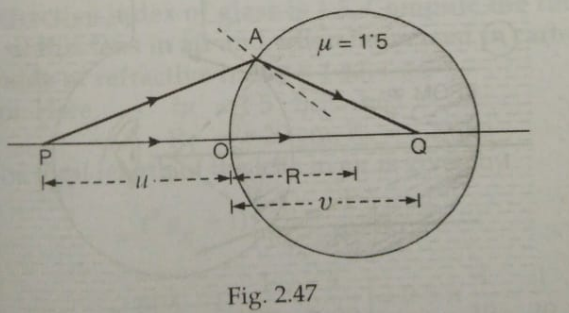 A spherical surface radius of curvatue R seprates air (refractive index 1.0) from glass 9refractive index 1.5).The centre of curvature is in the glass.A point object P is placed in air is found to have a real image Q in the glass.The line PQ cuts the surface at a point O and PO = OQ[Fig.2.47].Find the distance of object from the shperical surface. .