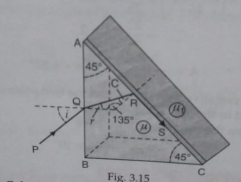 A right angle prism(45^@-90^@-45^@) of refractive index mu has a plate of refractive index mu,(mu1 lower than mu) cemented to its diagonal face.The assembly is in air.A ray is incident at face AB as shown in Fig.3.15 . Calculate the angle of incidence at face AB for which the ray strikes the diagonal face at critical angle.