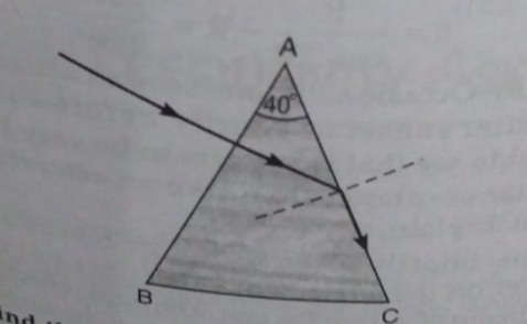 The refrating angle of a prism is 40^@ and the refractive index of its material is given by  mu=1.25 + b/(delta^2) When a ray of light is incident normally on the face AB of the prism,after refraction through the prism,the ray of light just grazes along the face AC as shown in Fig.3.20. . Find the critical angle for the material of the prism.