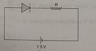 The diode used in the circuit shown in the adjacent figure has a constant voltage drop of 0.5V at all currents and a maximum power rating of 100mW.What should be the value of resistor R connected in series with the diode for obtaining maximum current?