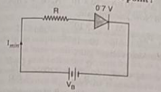 Assume that the silicon diode in the circui shown in fig. requires a minimum current of 1mA to be above the knee point (0.7V) of its I-V characteristics. Aslo assume that the voltage across the diode is independent of current above the knee point.   What is the power dissipated in the resistance R and in the diode, when a current of 5mA flows in the circuit at V(B)=6V?