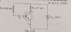 In the circuit Fig. the value of beta is 200. Find I(B), V(CE), V(BE) and V(BC), when I(C)=2.5mA. The transistor is in active, cut off or saturation state.