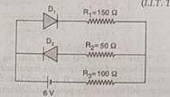 The circuit shown in the figure contains two diodes each with a forward resistance of 30 Omega and with infinite backward resistance. If the battery is 3 V, the current through the 100 Omega resistance (in ampere)