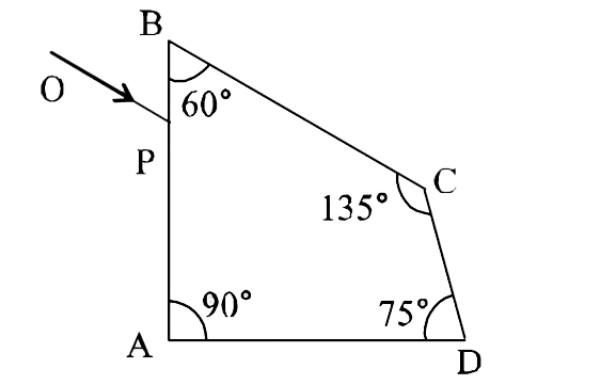 A ray OP of monochromatic light is incident on the face AB of prism ABCD mear vertex B at an incident angle of 60^@ (see figure). If the refractive index of the material of the prism is sqrt3, which of the following is (are) are correct?  .