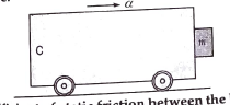 A block of mass m is in contact with the cart C as shown in the figure.   The coefficient of static friction between the block and the cart is mu. The acceleration alpha of the cart that will prevent the block from falling satisfies
