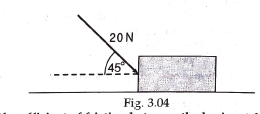 A block of mass 5 kg is placed on a horizontal surface and a pushing force of 20 N is acting on the block as shown in fig.   . If coefficient of friction between the horizontal surface and the block is equal to 0.2, then calculate the frictional force and the speed of the block after 15 s. Given, g=10 m s^(-2).
