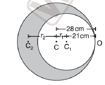 The circular plate of uniform thickness has a diameter of 56 cm. A circular portion of diameter 42 cm is removed from one edge of the plate as shown in Fig. Find the position of the centre of mass of the remaining portion.