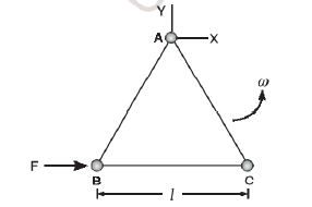 Three particles A, B and C, each of mass m, are connected to each other by three massless rigid rods to form a rigid equilateral triangular body of side l. This body is placed on a horizontal frictionless table and is hinged to it at the point A, so that it can move without friction about the vertical axis through A. The body is set into rotational motion on the table about A with a constant angular velocity omega. Find the magnitude of the horizontal force exerted by the hinge on the body.