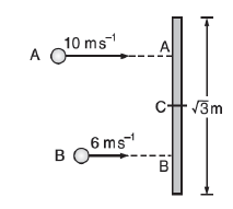 A thin uniform bar lies on a frictionless horizonta surface and is free to move in any way on th surface. Its mass is 0.16 kg and length sqrt3meters. Two particless, each of mass 0.08 kg, are moving on the same surface and towards the bar in a direction perpendicular to the bar, one with a velocity of 10 m/s, and other with 6m/s as shown in fig. The first particle strikes the bar at point A and the other at point B. Points A and B are at a distane of 0.5m from the centre of the bar. The particles strike the bar at the same instant of time and stick to the bar on collision. Calculate the loss of the kinetic energy of the system in the above collision process.