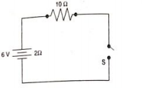 A 6 V battery for internal resistance 2 ohm is connected across a 10 ohm resistor and a switch in series, as shown:  If the switch is kept in the off positions, as shown in the figure, then