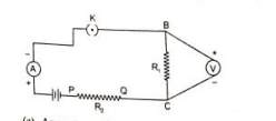 A student set up his for finding the equivalent resistance of a seris combination of the two given resistors R1 and R2 in the manner as shown below. He did not obtain the correct result in his expeirment because of a mistake in the circuit. The mistake can be corrected by shifting the component.