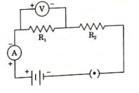 A student set up electric circuit shown here for finding the equivalent resistance of two resistors in series. In this circuit