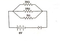 Two wires X and Y are of equal length and have equal resistance. If the resistivity of X is more than that of Y which wire is thicker and why? For the electric circuit given below calculate Total current drawn from the battery.